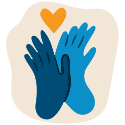 Two hands colored in blue outstreched to a yellow heart 