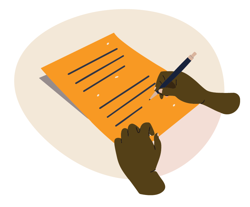 Icon legal of brown hand writing on a piece of paper. AVP NYC.