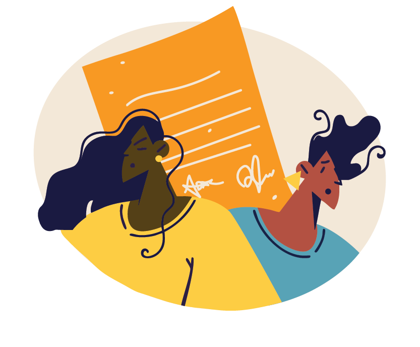 Icon legal of two brow people going their separate way. There's a paper signed behind them. Anti-Violence Project NYC.