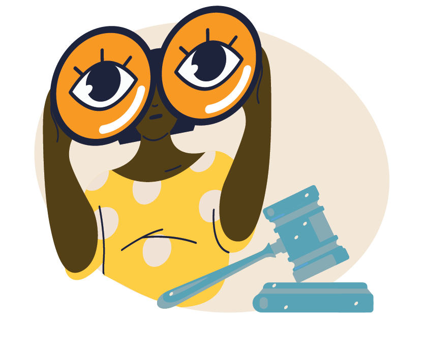 Icon legal of a brow person with binoculars observing a gavel. Anti-Violence Project NYC.