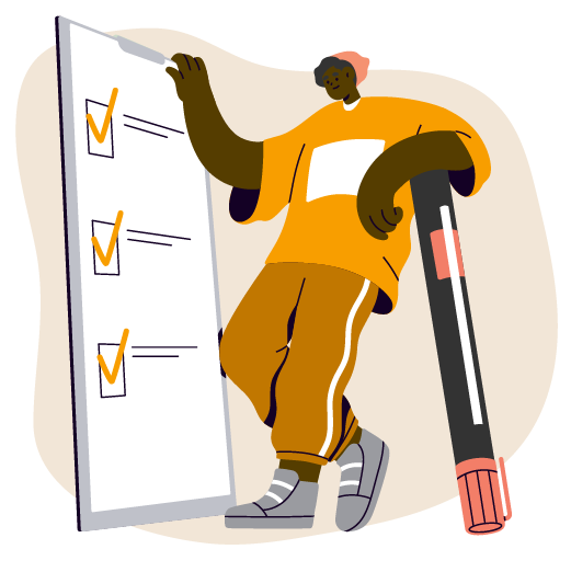 Upstander intervention icon of a brown person holding an oversized paper with checkmarks, LGBTQ+
