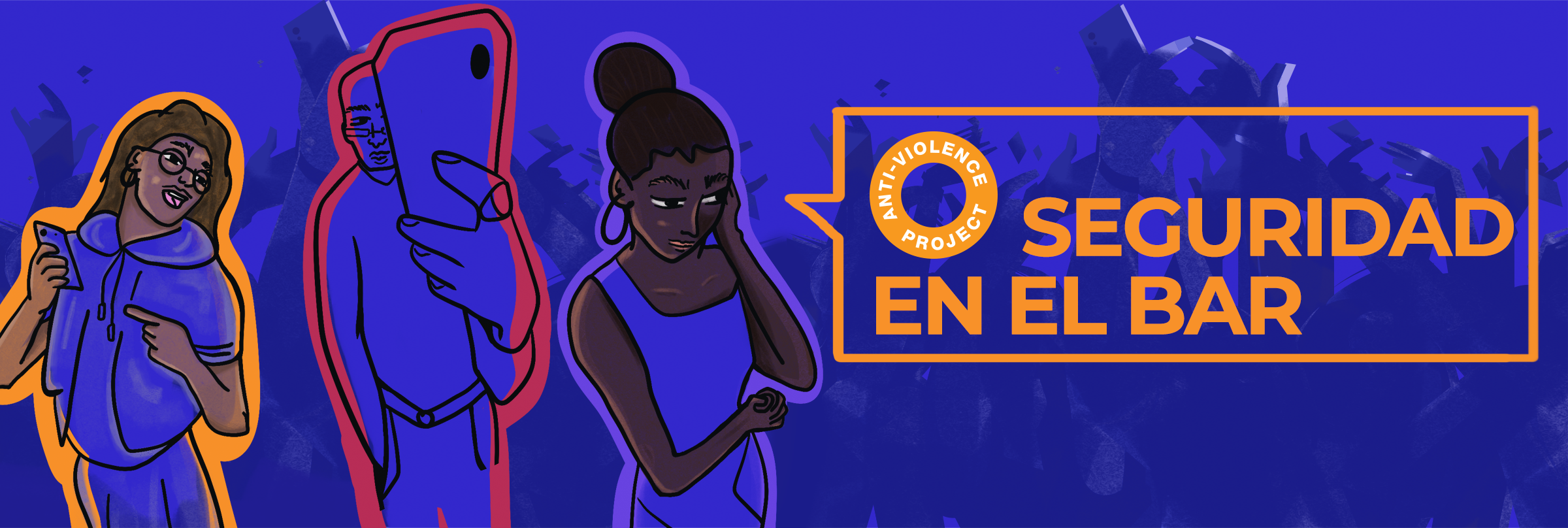 Bar Safety Banner with an illustration of a person clocking a creep and another person leaving the bar scene. SPANISH